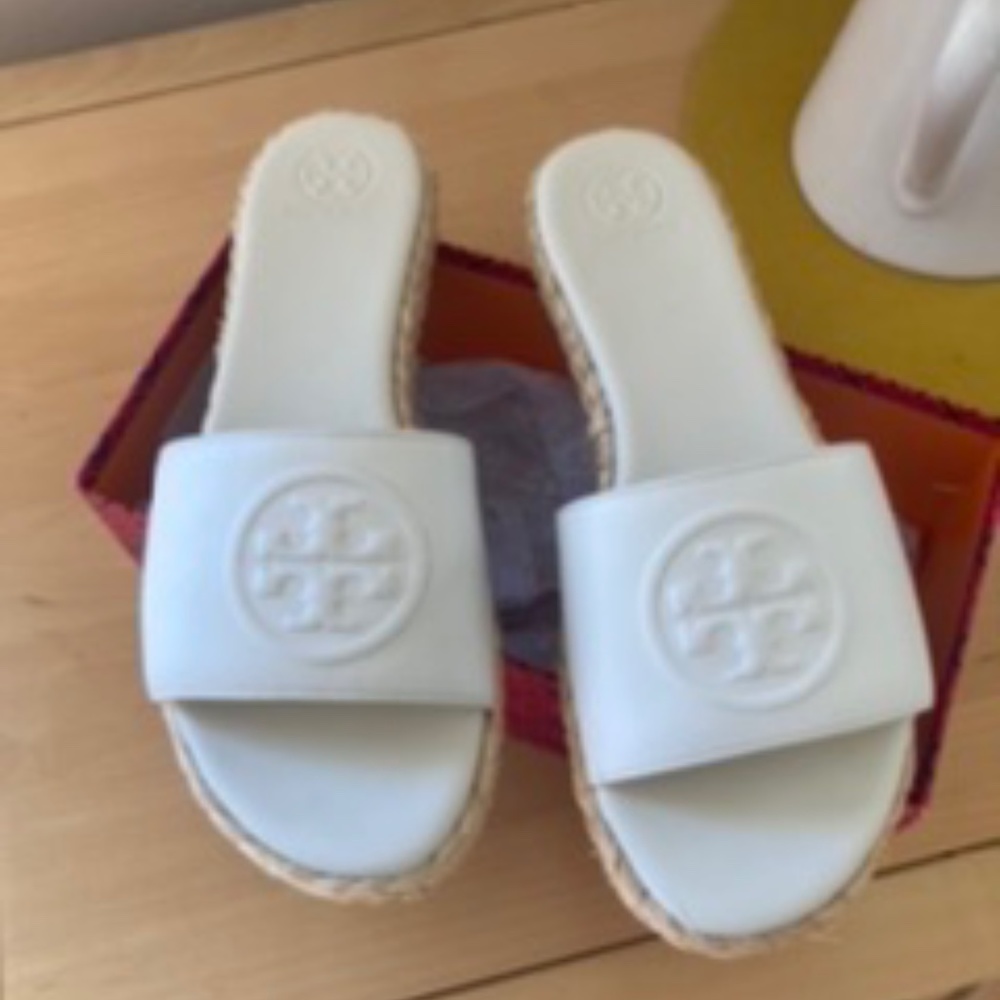 Tory Burch open toe Espadrille slides platform calf leather white/new ivory NWT